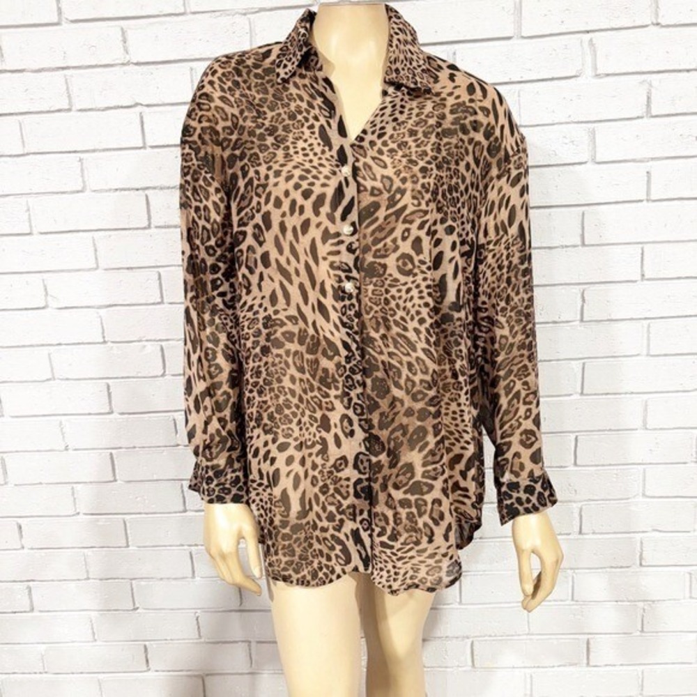 SHEIN Leopard Print Sheer Button Down Blouse Brown Tan Boho Excellent XL